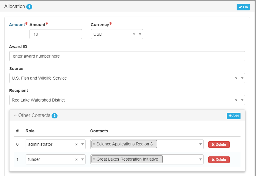 Example of organizational fund entry in Funding metadata entry