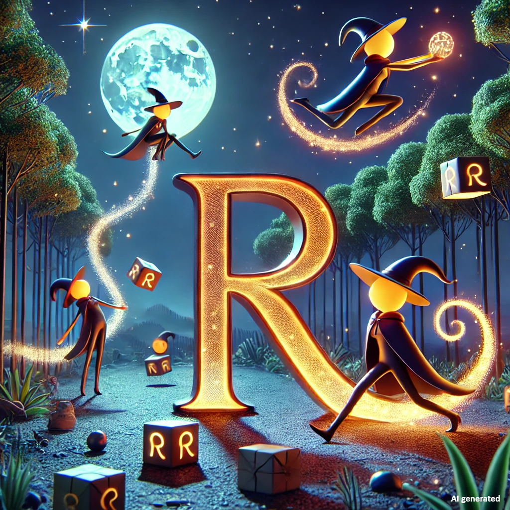 A witch-themed image displaying the power of R and why to use it. Image was generate by ChatGPT.