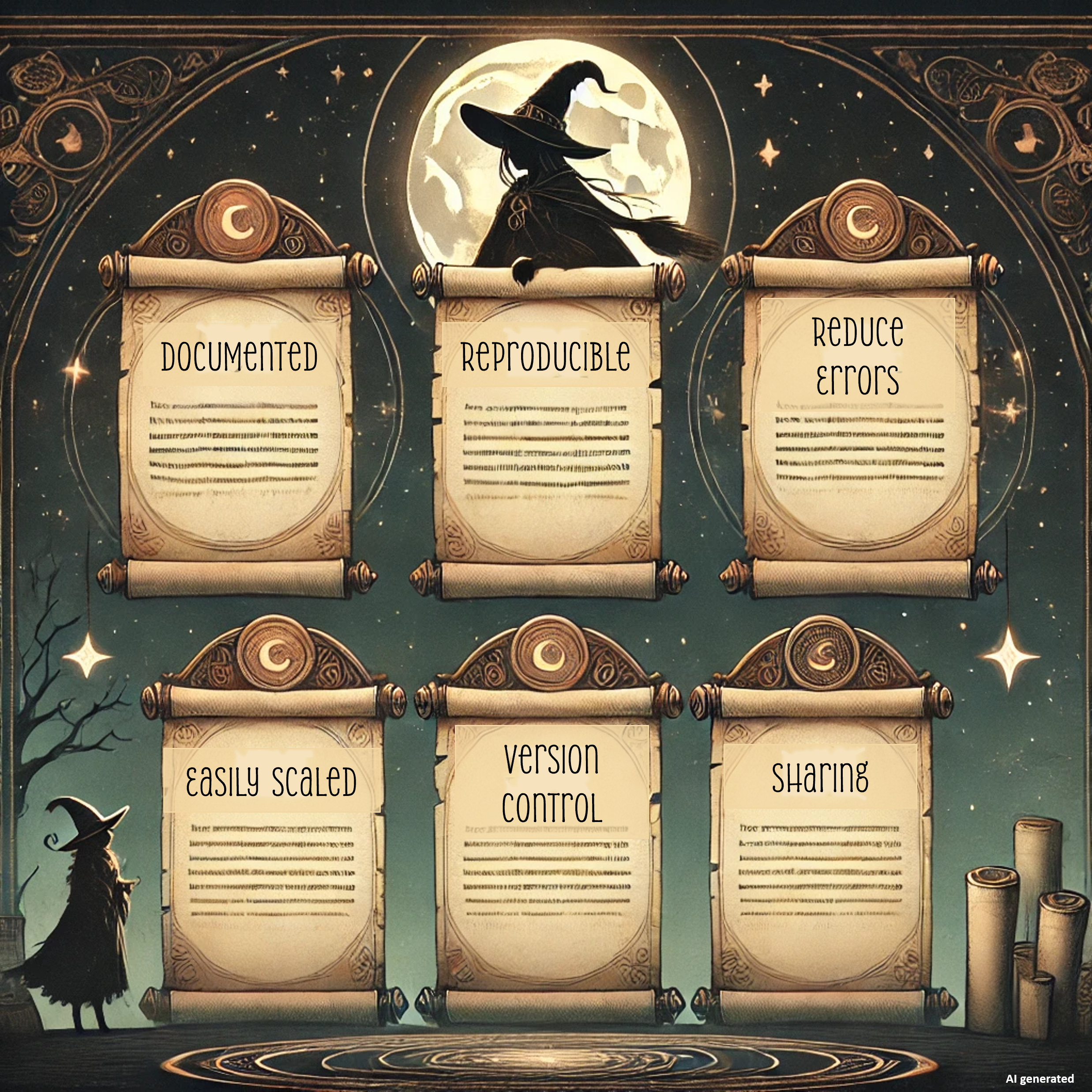 A witch-themed image with six scrolls. Each scroll is either labeled documented, reproducible, reduce errors, easily scaled, version control, or sharing. Image was generate by ChatGPT.