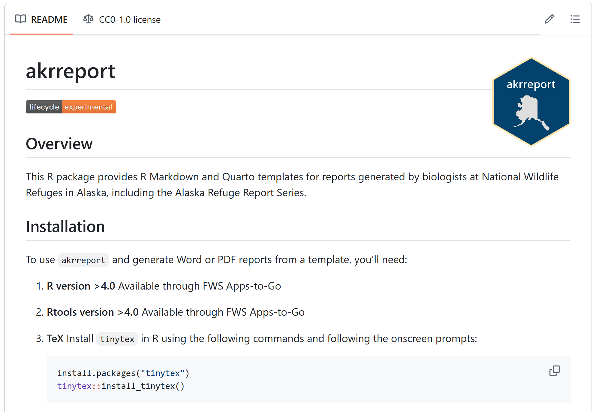 A screenshot of the GitHub repository for the akrreportr R package.