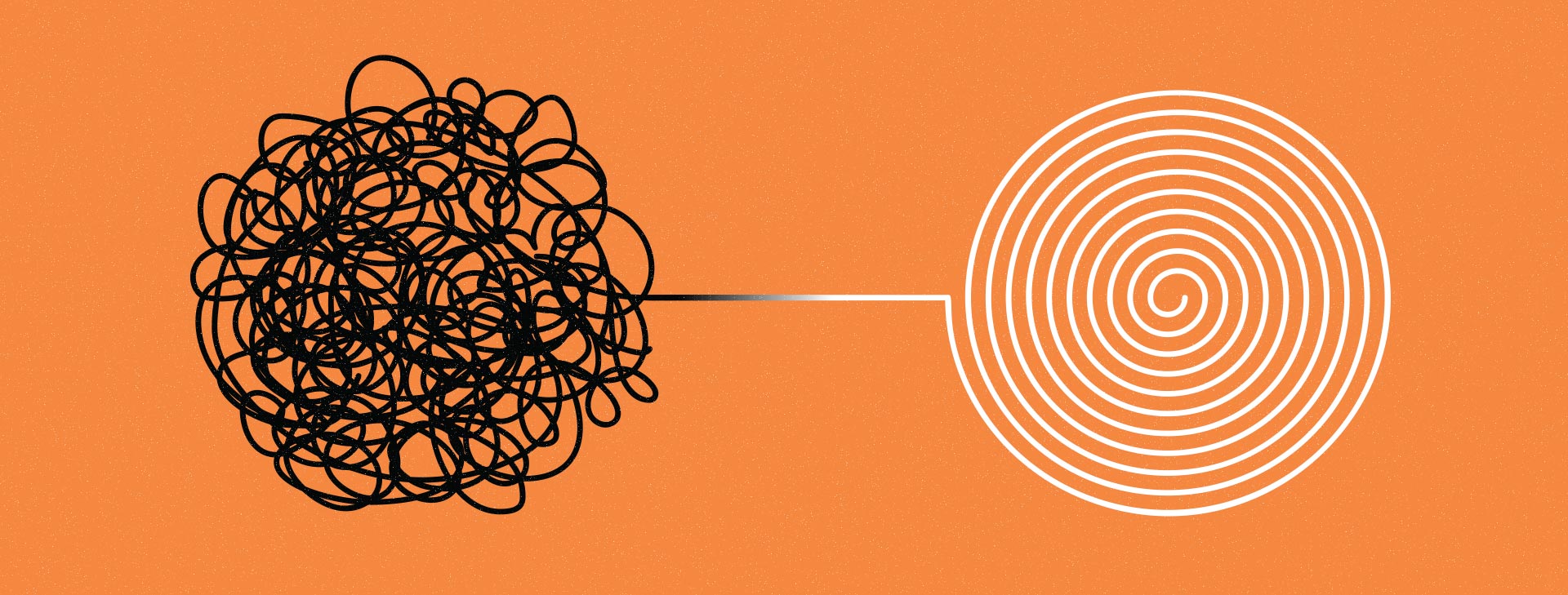 black, messy, tangled, swirled doodle line that turns into a neat, white, swirled line, all on an orange background (sourced from: https://www.nciea.org/blog/data-data-everywhere-why-so-hard-to-use/)