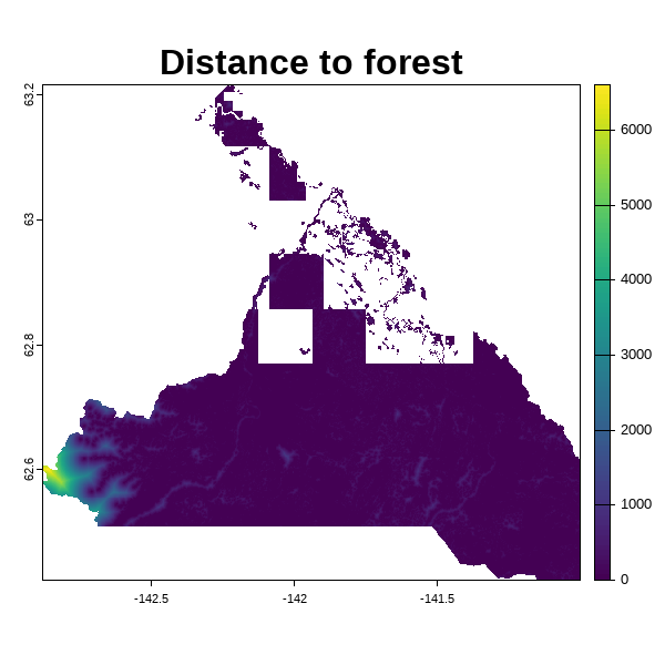 A map of Distance to Forest for Tetlin National Wildlife Refuge.