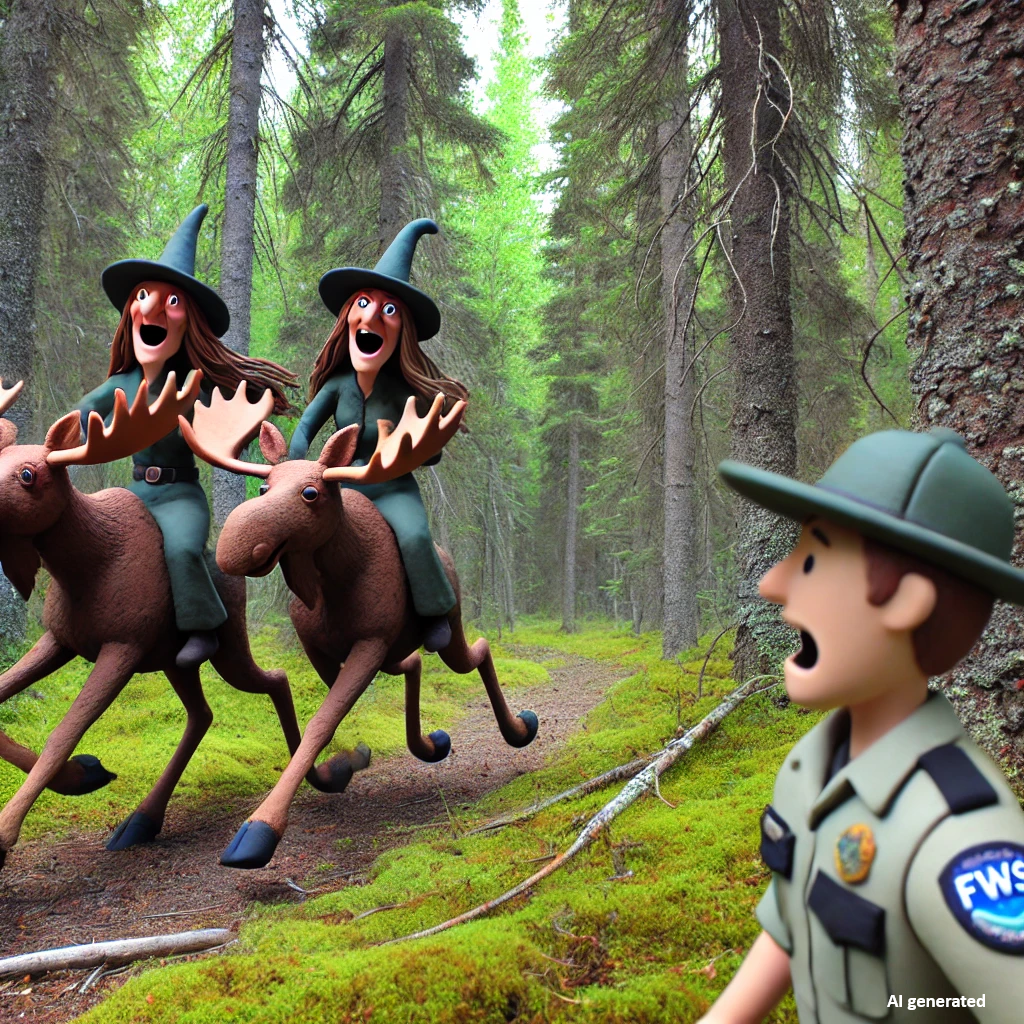 Witch riding moose past ranger. Image was generate by ChatGPT.