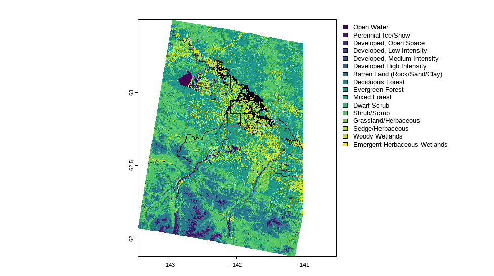 A map show National Land Cover Data and the boundary of Tetlin Refuge.