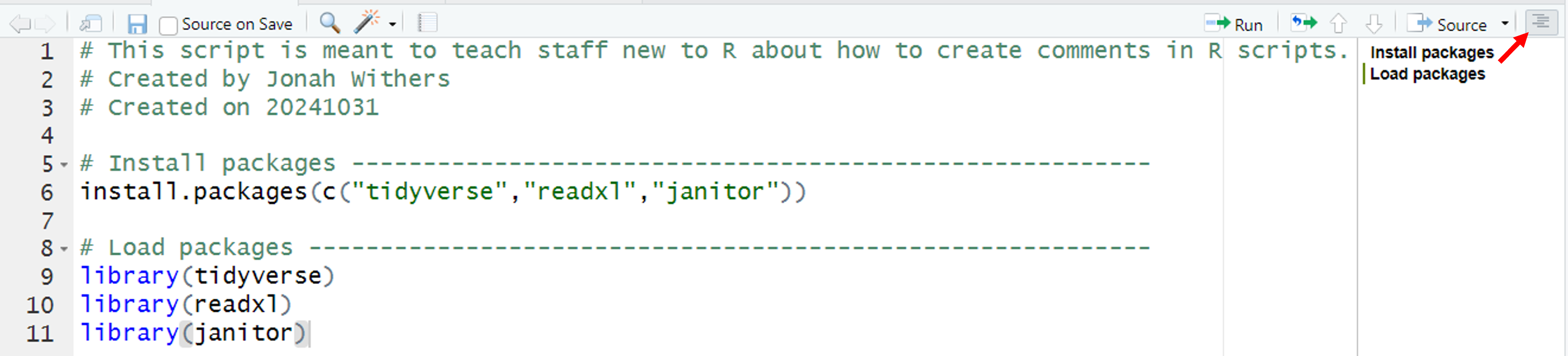 RStudio script highlighting outline button.