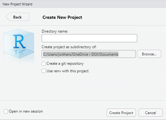 Image of Rstudio project setup window.