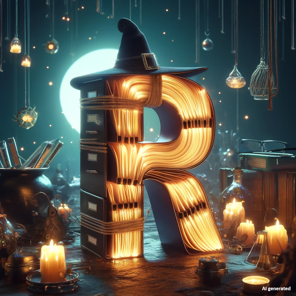 Image of witch themed letter R with files bundled inside it. Image was generate by ChatGPT.