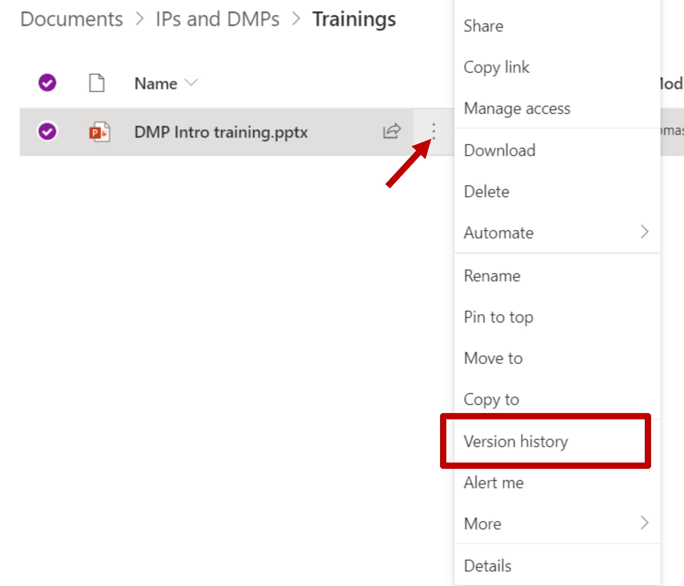 Image of sharepoint file version control.