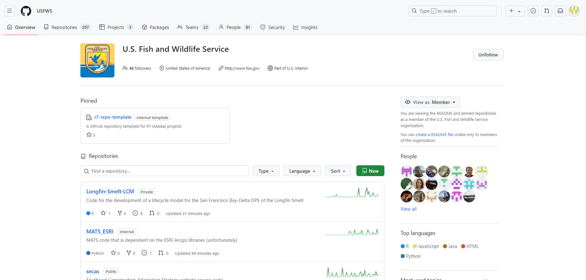 Screenshot of US fish and wildlife service github webpage.
