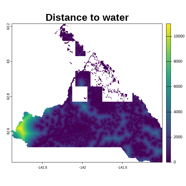 A map of Distance to Water in Tetlin National Wildlife Refuge.