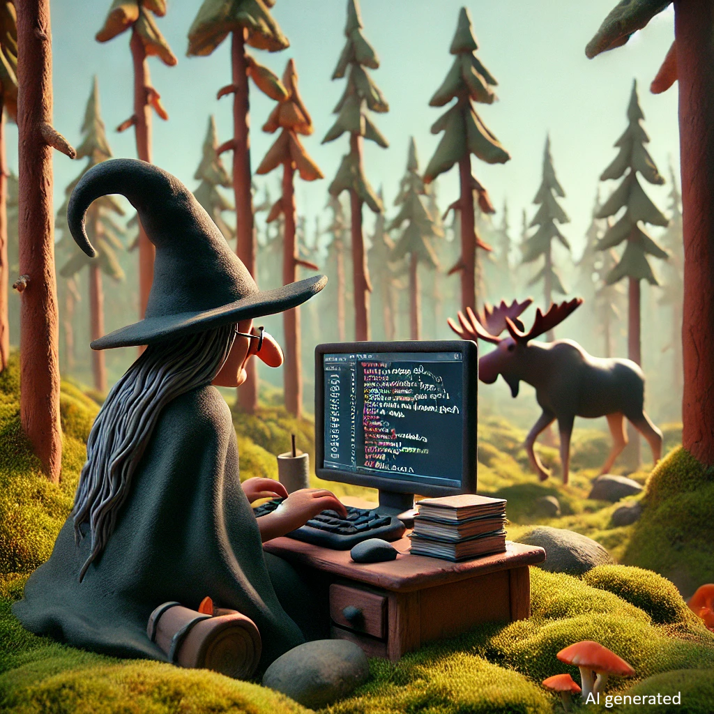 An AI generated image of a claymation witch sitting at a desk in the boreal forest writing code.