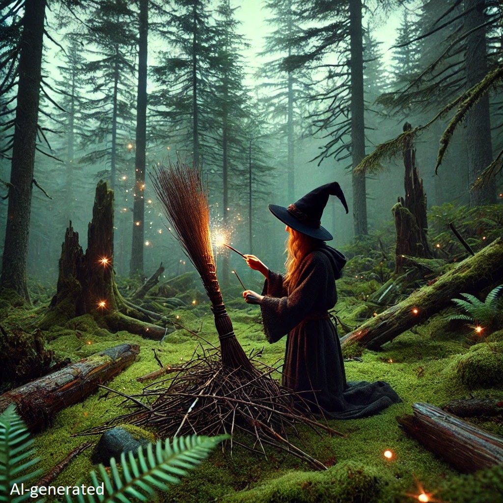 AI generated image of witch creating a magical broom stick in the woods of Alaska