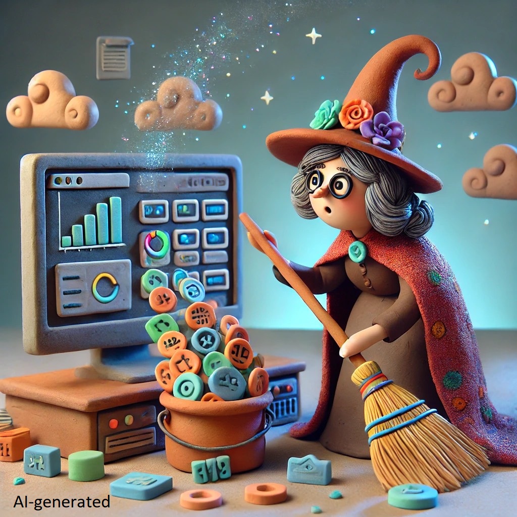 AI-generated image in claymation style of a witch sweeping up data-like tokens and looking at a computer screen with data and graphs on it