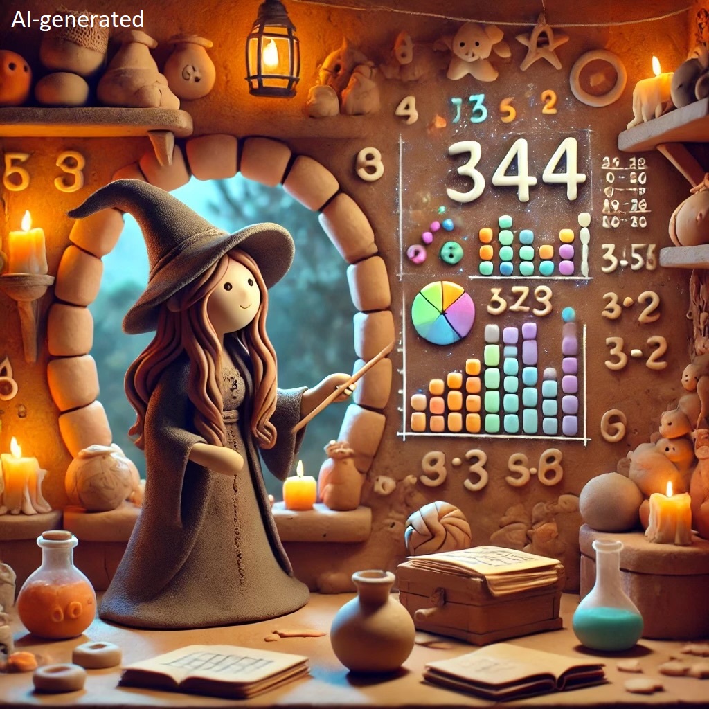 AI-generated image in claymation style of a witch looking at graphs and numbers on a wall
