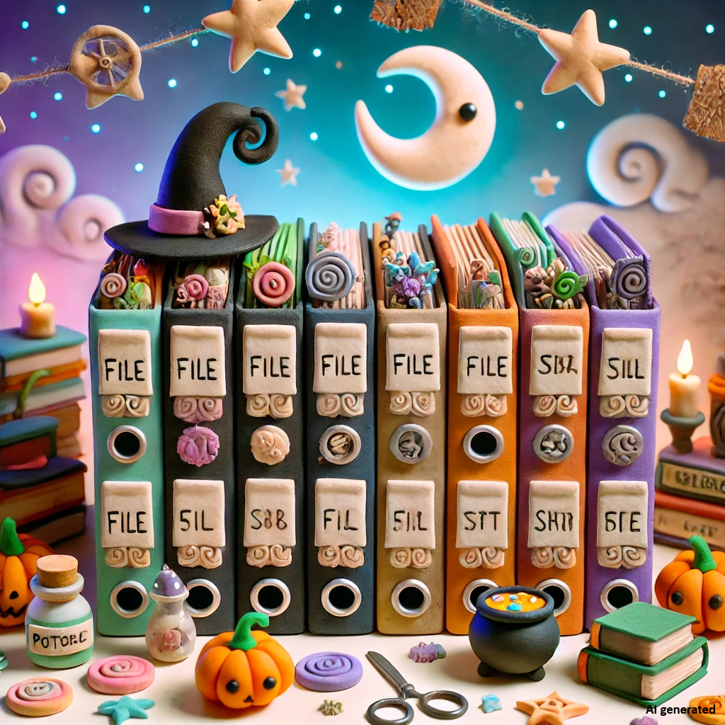 Image of witch-themed organized binders. Image was generate by ChatGPT.