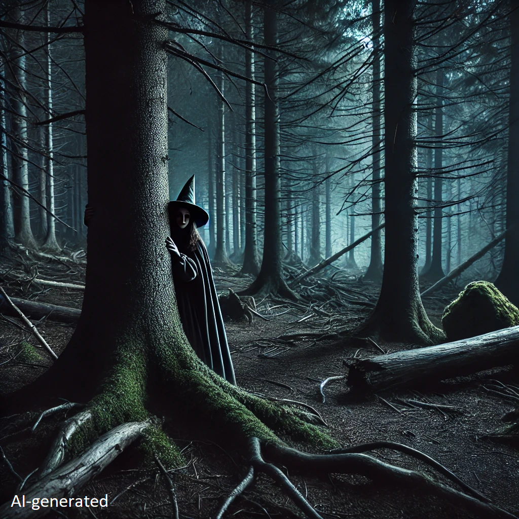 AI generated image of a witch lurking in some woods
