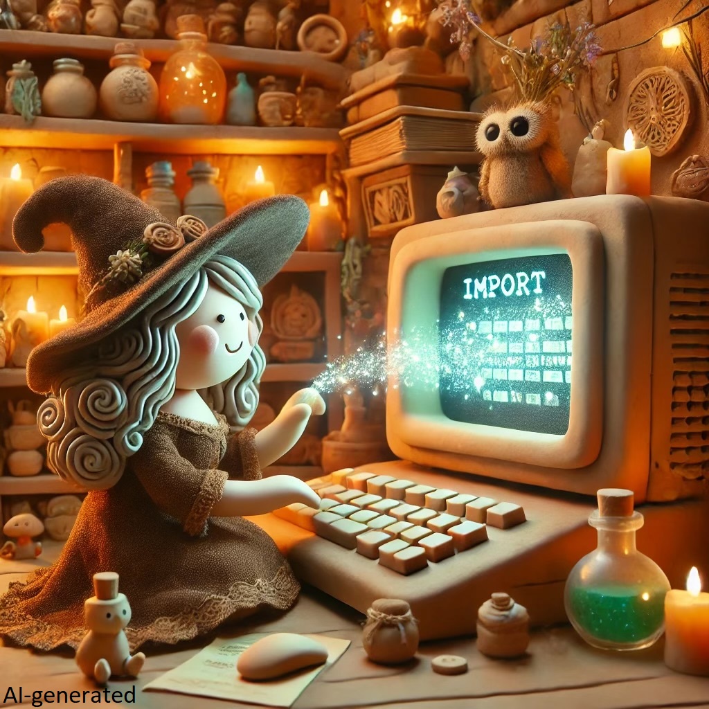 AI-generated image in claymation style of a witch using a computer and magically importing information onto it