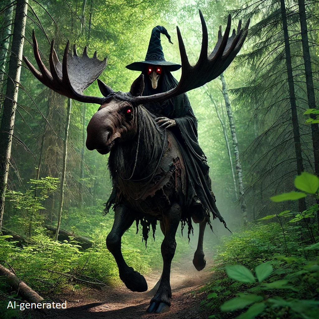 AI generated image of a witch with red eyes riding a scary, red-eyed moose through woods