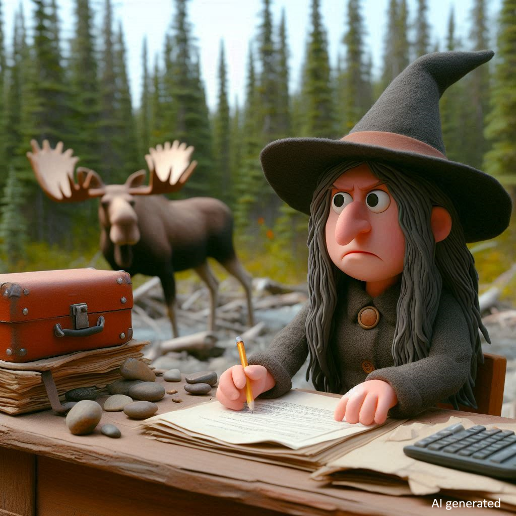 An AI generated image of a claymation style witch. She is angry and writing on a paper at a desk in the boreal forest. There is a moose in the background.