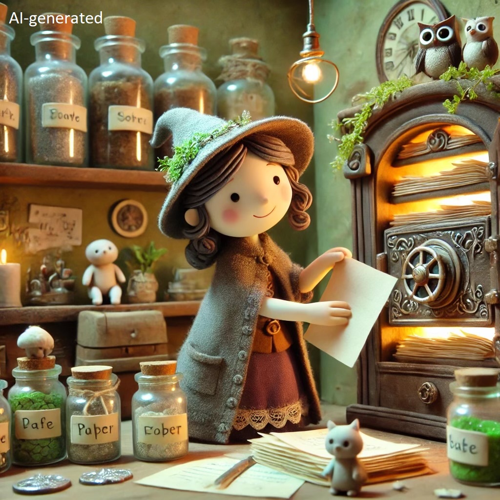 AI-generated image in claymation style of a witch in a cottage putting documents into a vault to preserve them