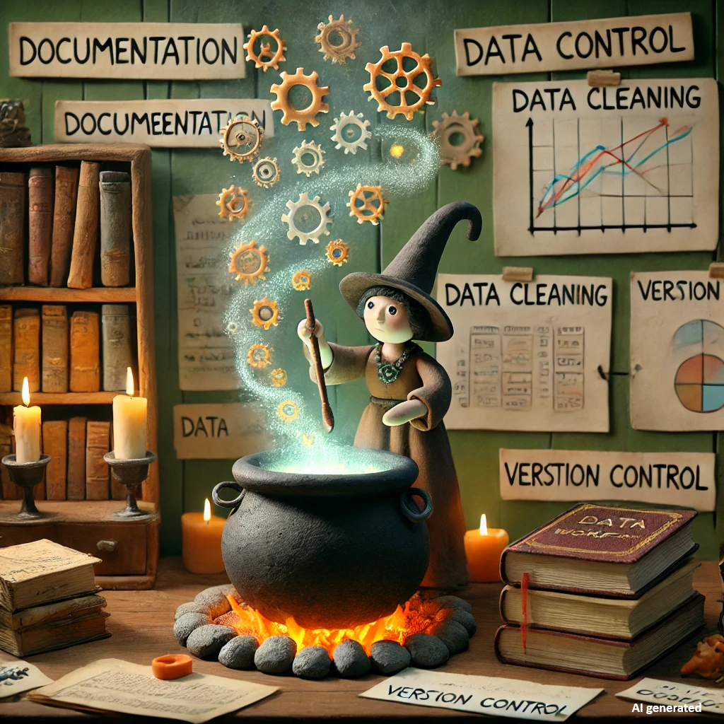 An image of a witch brewing reproducible data. Image was generate by ChatGPT.