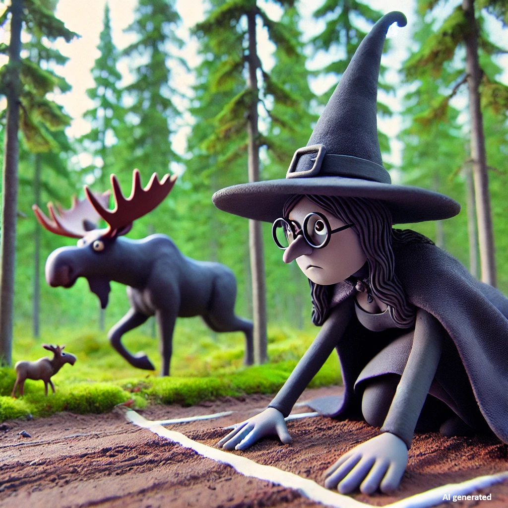 A witch on the starting line with moose in the background. Image was generate by ChatGPT.