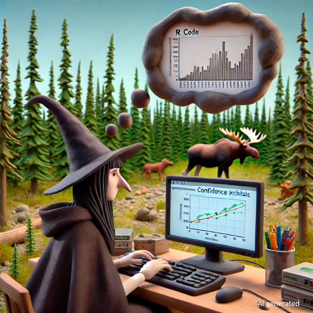 An AI generated image of a claymation witch sitting in front of a computer in the boreal forest. She has a thinking bubble over her head. In the bubble is a statistical plot.