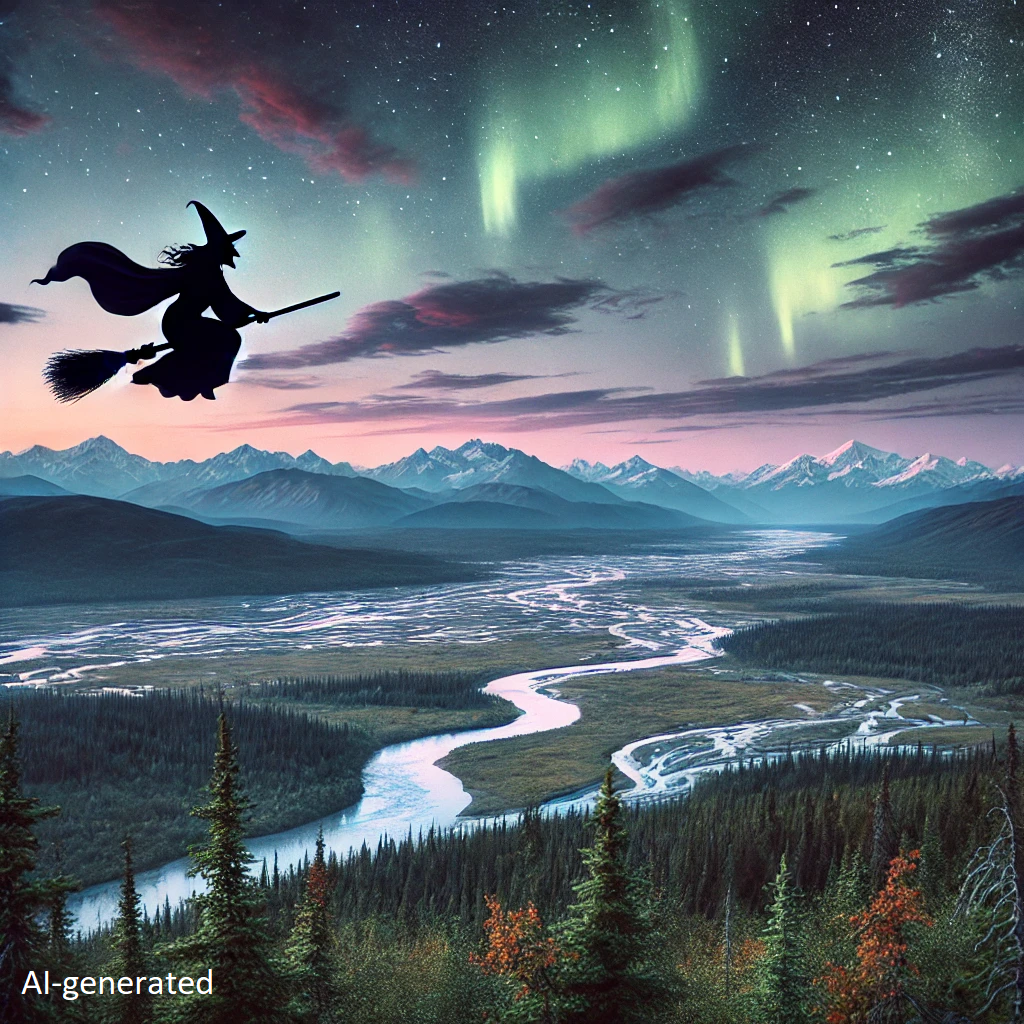 AI generated image of a witch on a broomstick flying over Alaska mountains and watershed with Northern Lights in the sky
