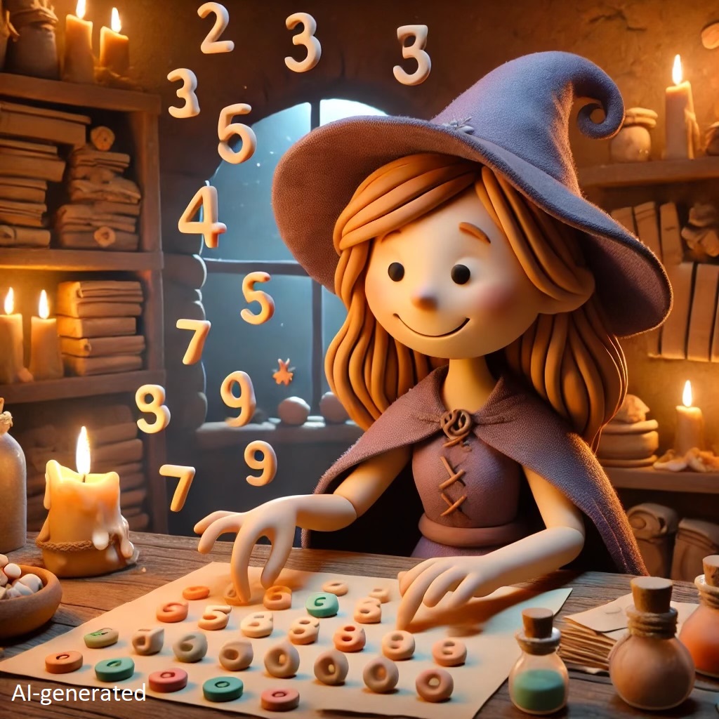 AI-generated image in claymation style of a witch at a desk organizing 3D numbers into rows