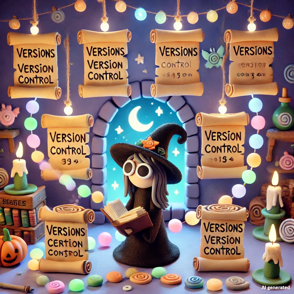 Image of witch with multiple versions of files. Image was generate by ChatGPT.