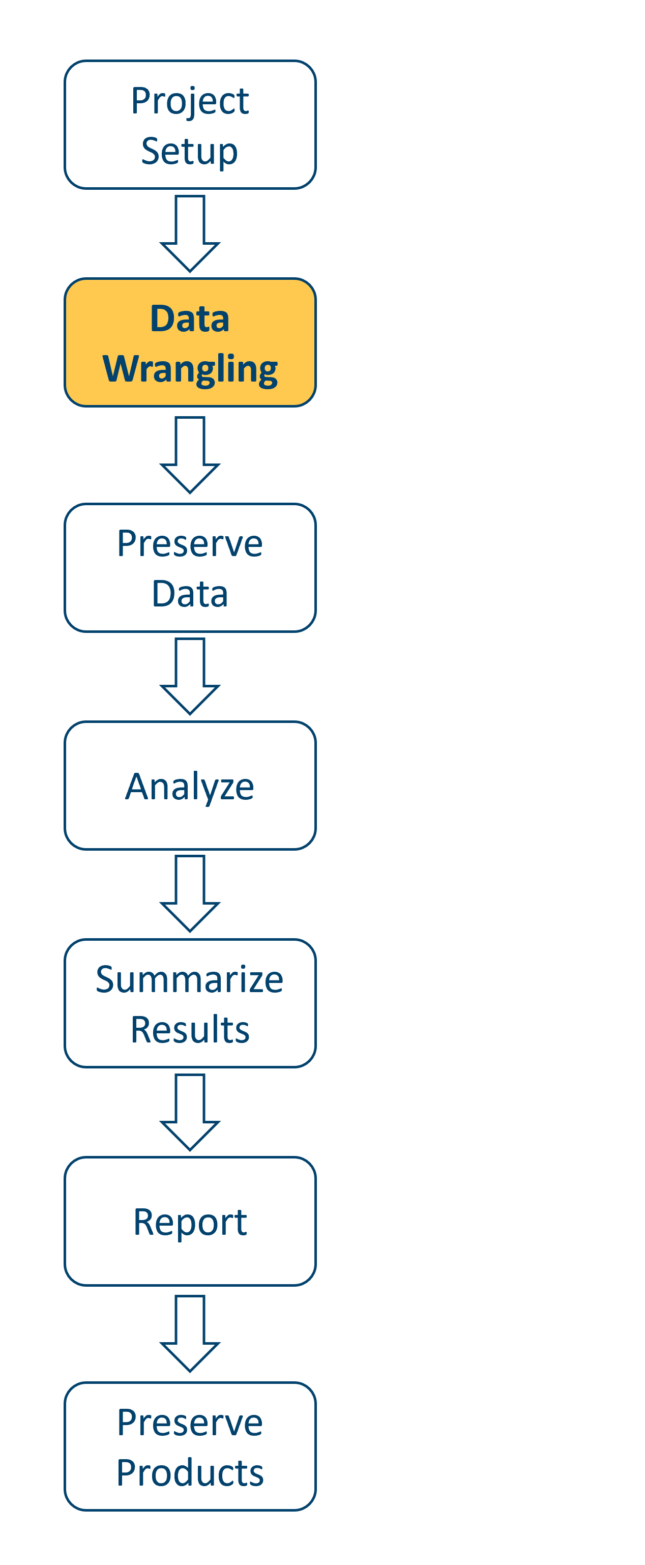 A data workflow flow chart with "Project Setup", "Data Wrangling", "Preserve Data", "Analyze", "Summarize Results", "Report", and "Preserve Products" connected unidirectionally by arrows, with the "Data Wrangling" box highlighted in yellow