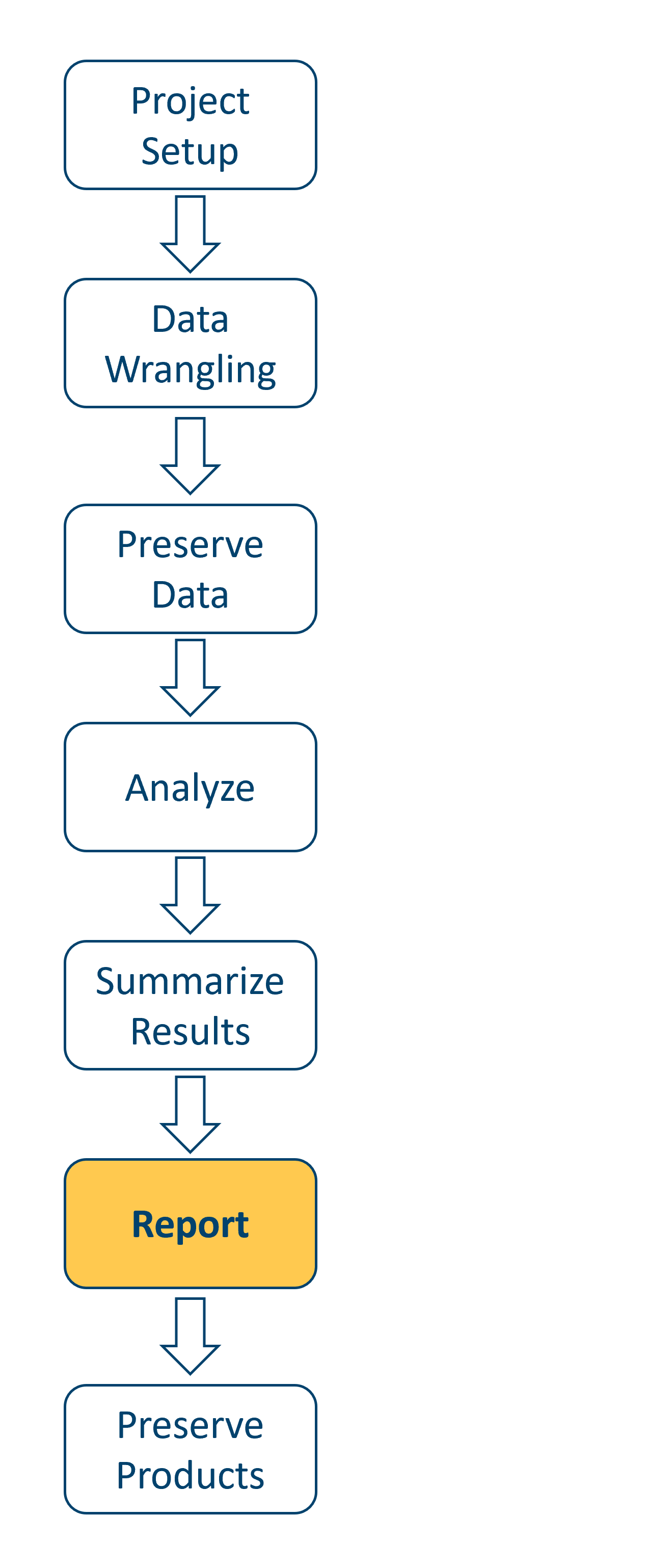 A data workflow diagram, starting with Project Setup and ending with Preserve Products. The Report step is highlighted.