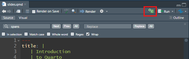 A screenshot of RStudio with codechunk button highlighted