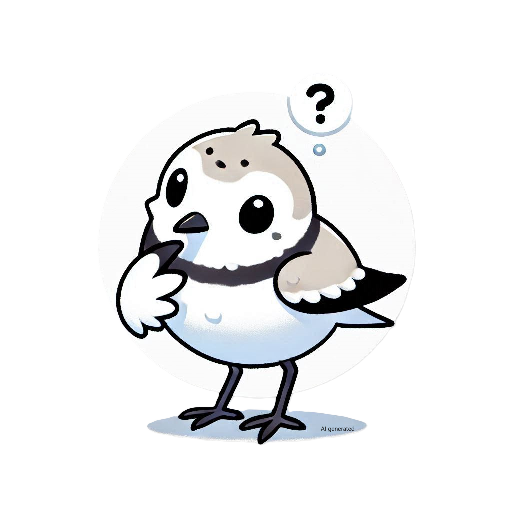 An cartoon of a snowy plover thinking. There is a question mark above it's head.
