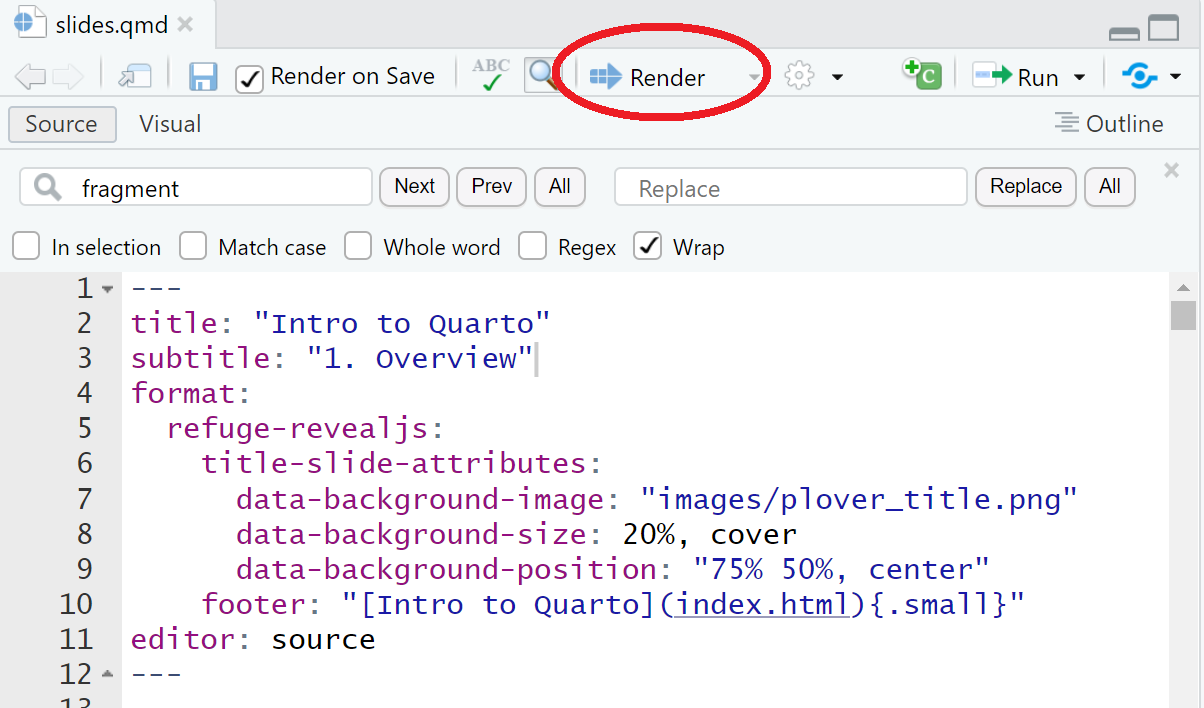 A screenshot of a Quarto document in RStudio. The Render button is circled in red