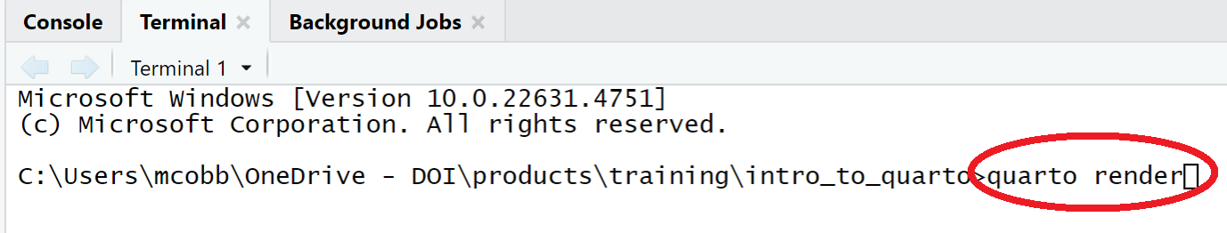A screenshot of the command line terminal in RStudio. quarto render is typed in.