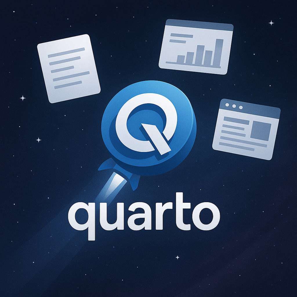 A Quarto spaceship launching into space with documents and reports floating around it.