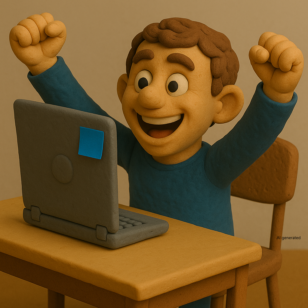 A person sitting at a desk at a laptop computer. The laptop has a red sticky note attached to the back of the monitor.