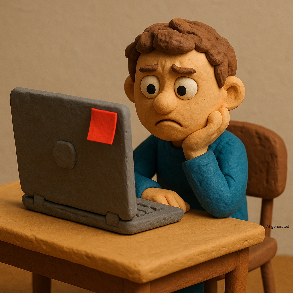 A person sitting at a desk at a laptop computer. The laptop has a red sticky note attached to the back of the monitor.