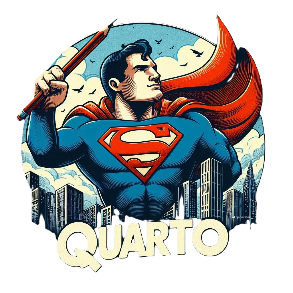 Superman holding a pencil with city buildings in the background and Quarto written below him