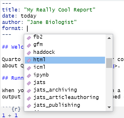 A screenshot of a yaml for a quarto document in RStudio showing the drop-down menu with options available.