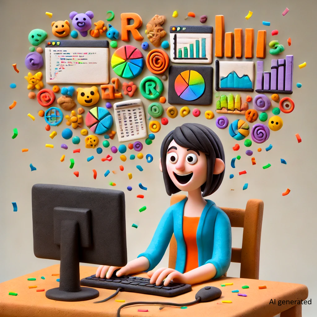 An AI generated image of a claymation style woman at a computer. She is happy. There is confetti and a swirl of plots and code in the air over her head.