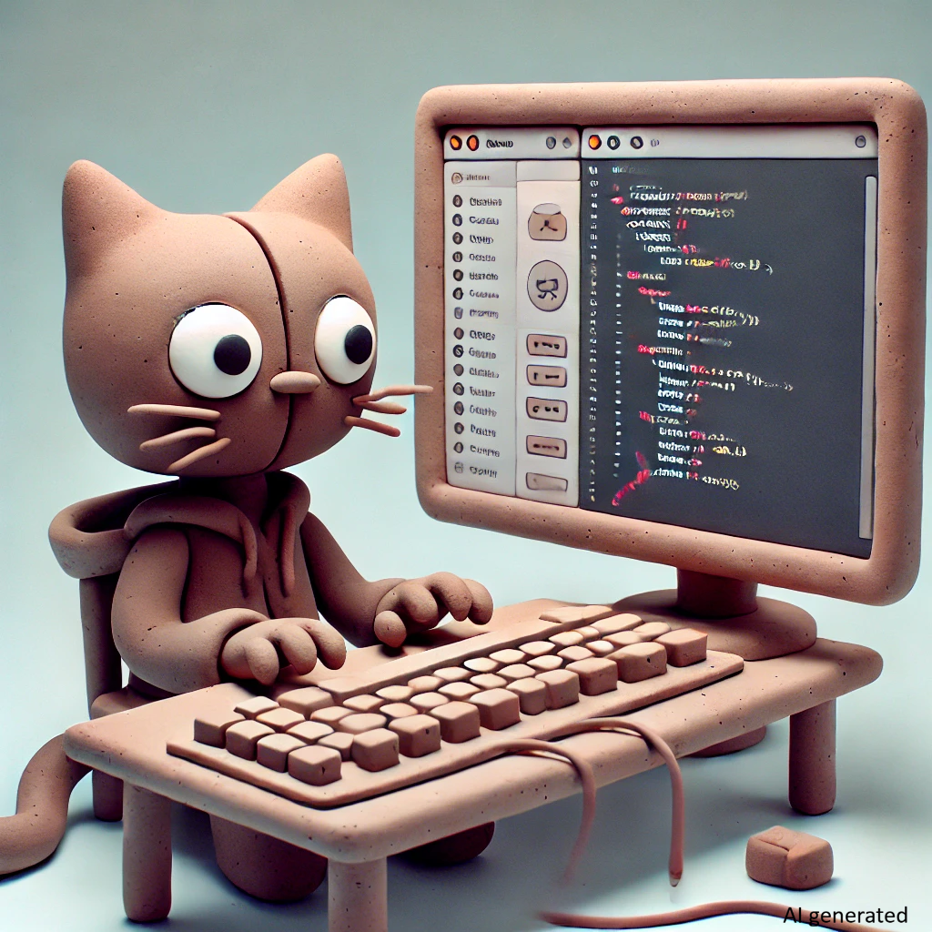 An AI generated image of a claymation version of the GitHub octocat working at a computer.