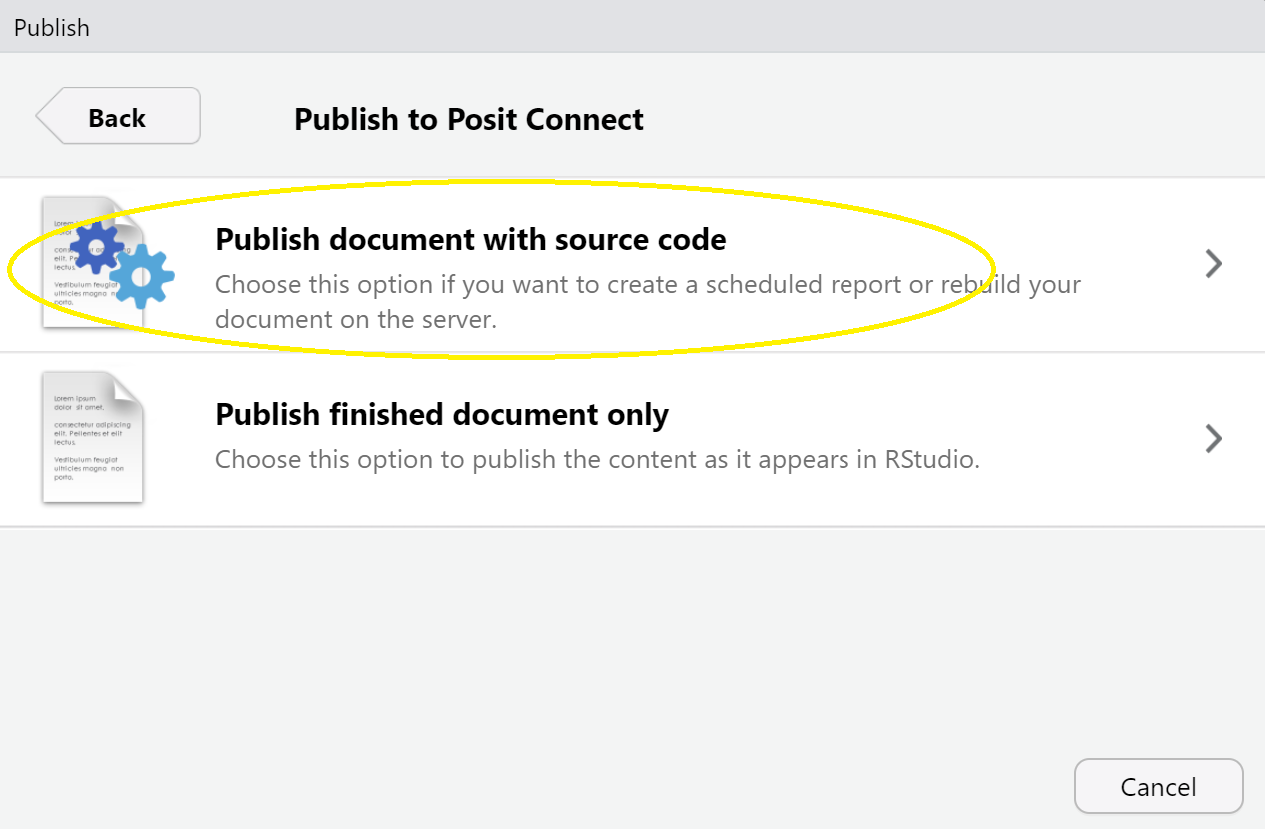 A screenshot of a window that displays when publishing from RStudio to Posit Connect. The user choses between publish document with source code or publish finished document only. The first option is circled.
