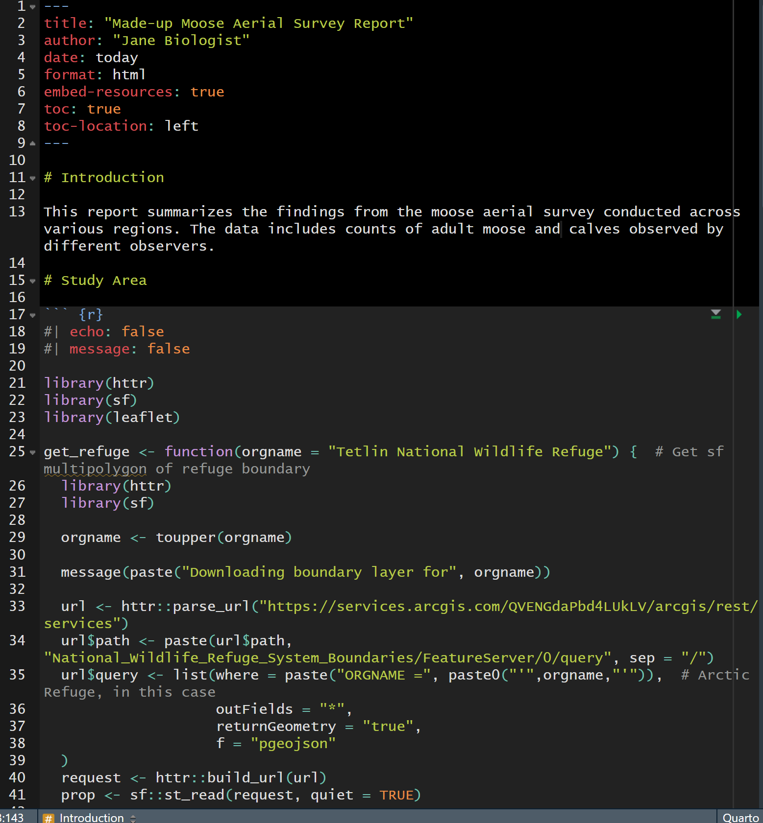 A screenshot of an example of a Quarto file in RStudio that can render a made-up moose aerial survey report as an HTML document.